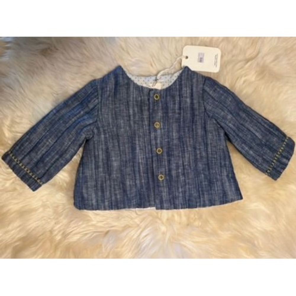 Maison Frida Chambray Quilted Jacket 6-9m Blue Cotton Boho Baby Artisan French